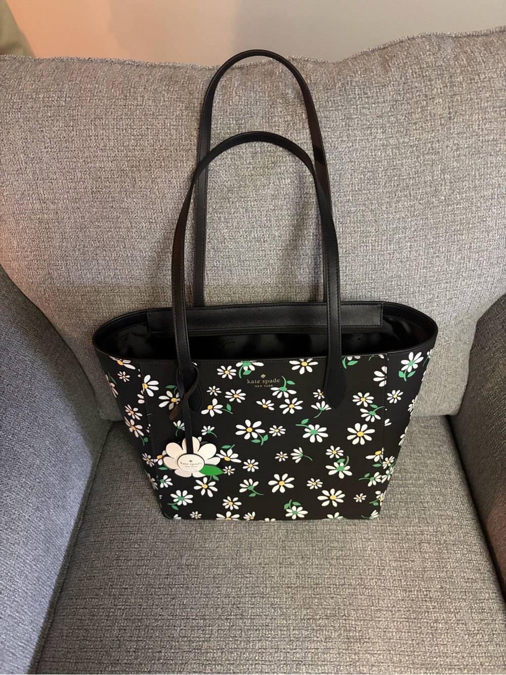 kate spade Black Floral Daisy Tote with Green Accents
